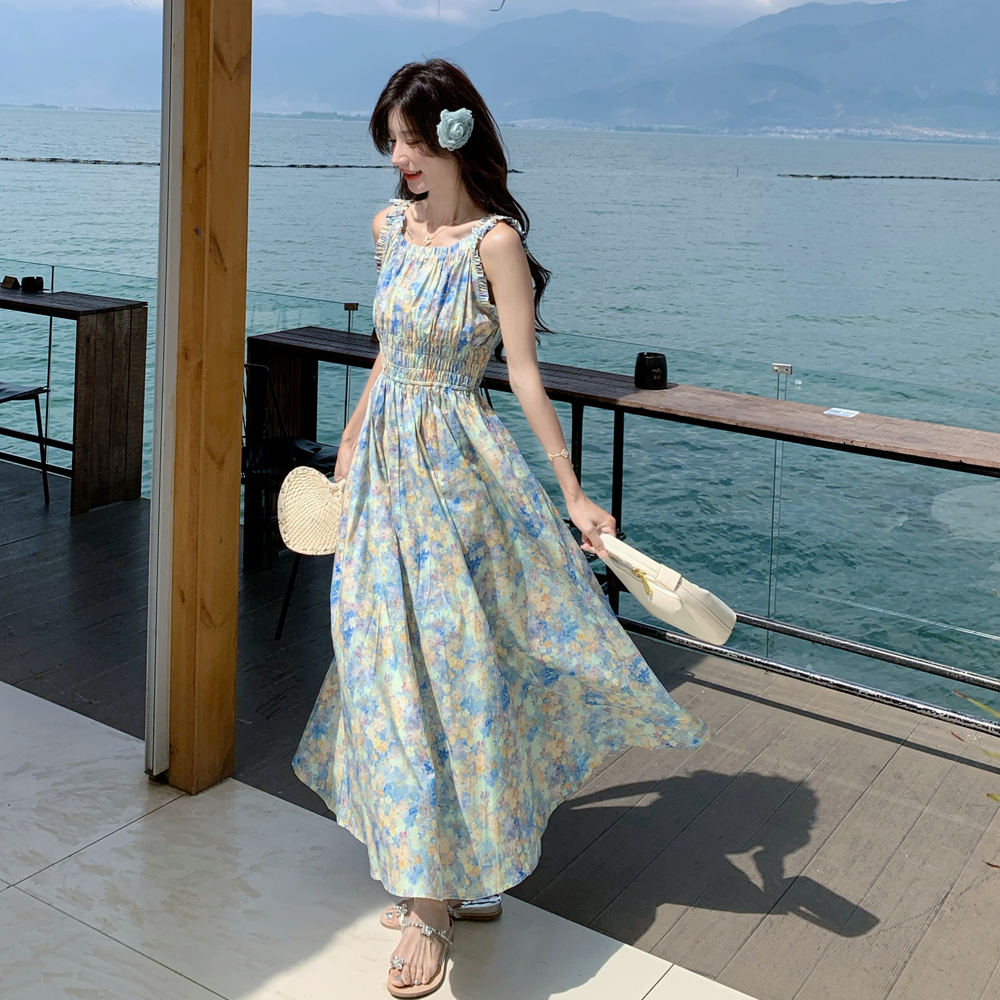 法式碎花吊带连衣裙女2025夏季新款气质时尚设计感收腰显瘦长裙，女装连衣裙，浙宝189