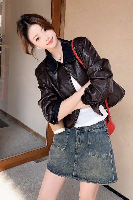 【现货】牛仔拼接休闲皮衣9110-P155-K248,女装皮衣,浙宝189