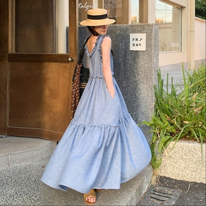 【现货】木耳边腰部可抽绳牛仔连衣裙735-P135-K198，女装连衣裙，浙宝189