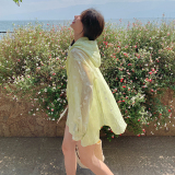 黄绿色碎花防晒衣套装女夏季2025轻薄长袖连帽外套开衫短裤两件套，女装运动套装，浙宝189
