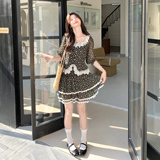 蕾丝拼接黑色碎花衬衫短裙套装女夏2025新款超火两件套流行减龄，女装套装/套裙，浙宝189
