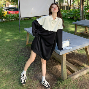 韩版针织拼接卫衣连衣裙女2025春秋季新款学院风宽松减龄休闲长裙图片
