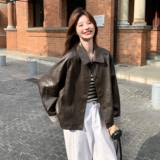 长袖PU薄款常规款秋季男友风皮衣百搭翻领韩版欧美风春秋小个子，女装皮衣，浙宝189