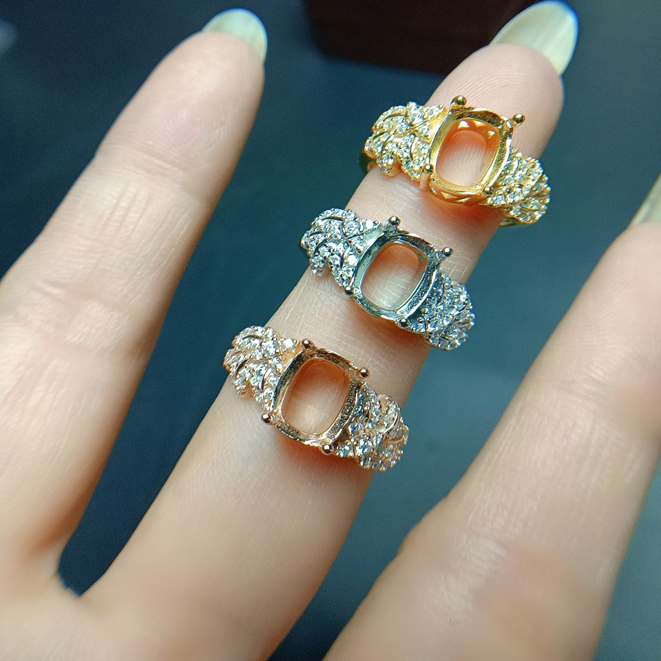 S925银戒指空托 枕形长方6*8mm镀18K白金玫瑰金黄金色 女 镶嵌