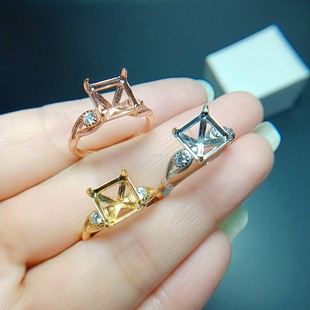 简约S925银戒指 空托倒角方形8*8mm 镀18K白金玫瑰黄金色镶嵌银饰