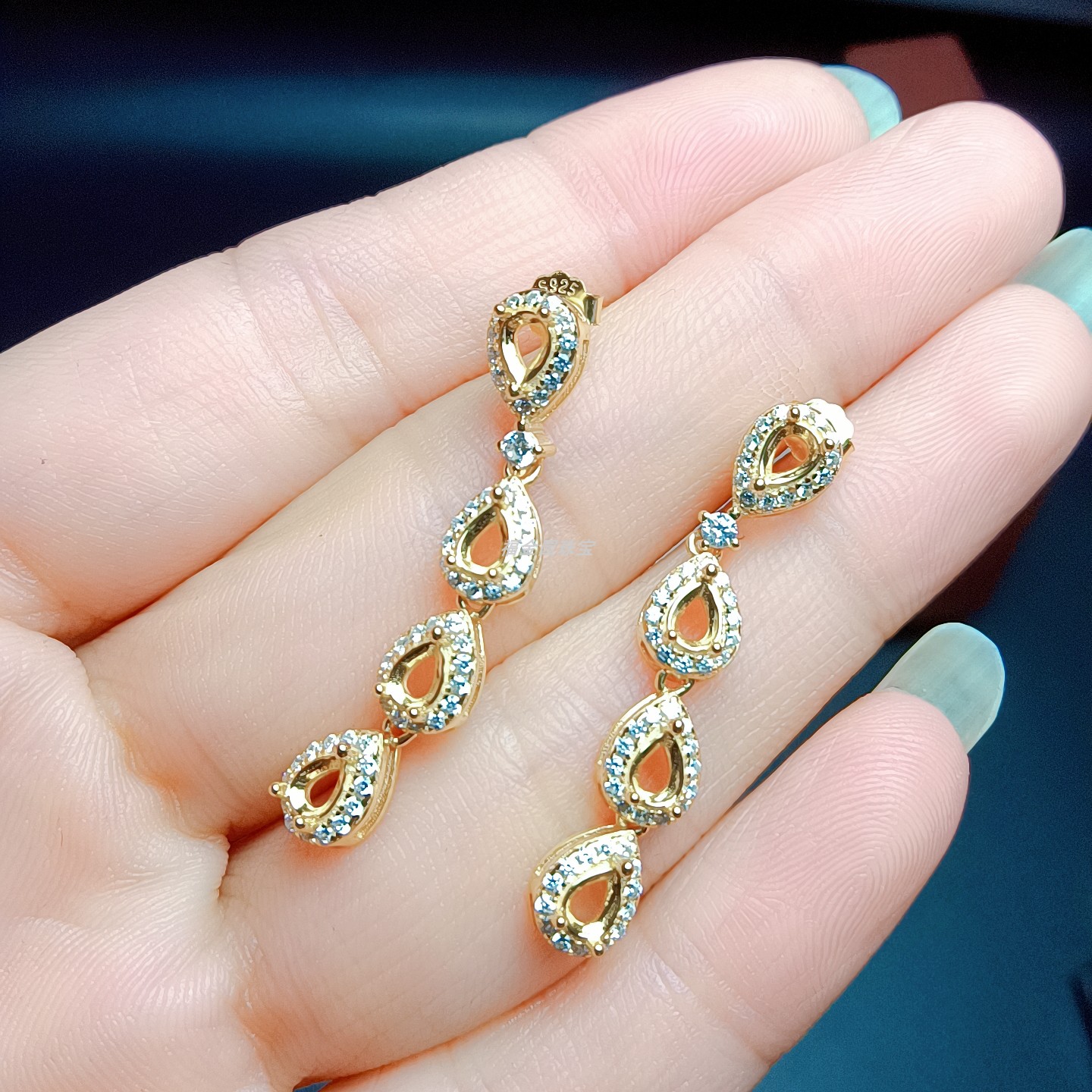 古风S925银耳坠空托水滴3*4mm镀白金玫瑰金 黄金色女 耳钉