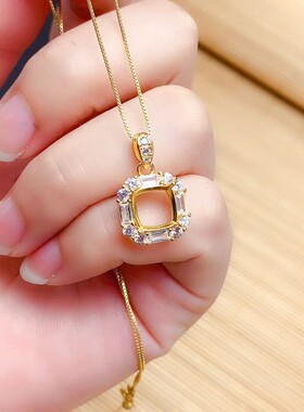 精美时尚S925银吊坠 空托 枕方8*8mm 银托镀白金玫瑰金黄金色