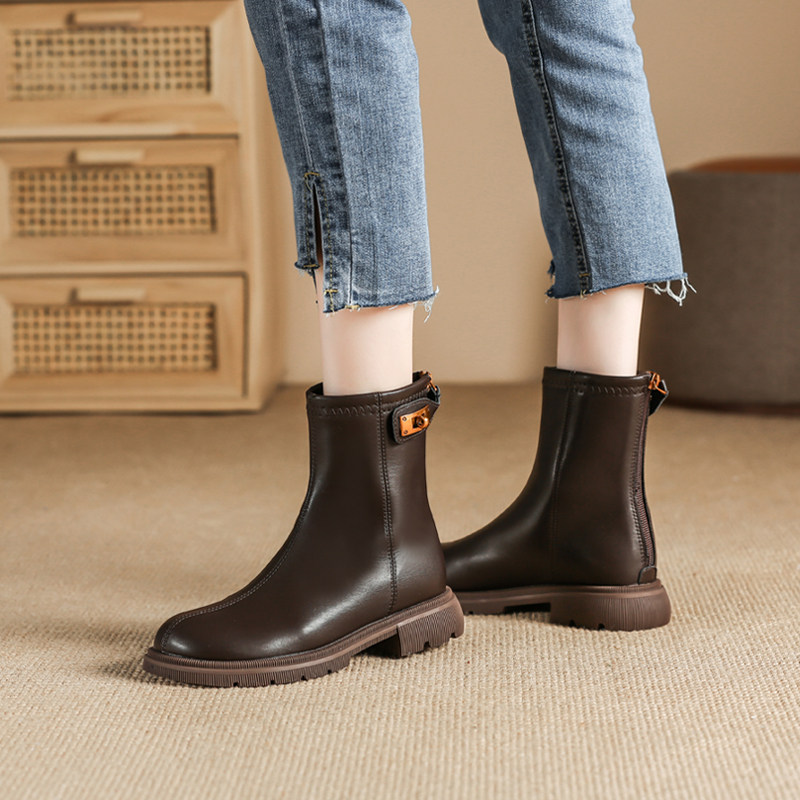 LEATHER CHELSEA BOOTS WOMENS PLATFORM 2024 NEW FALL|WINTER BRITISH STYLE MARTIN BOOTS VERSATILE SMALL ANKLE BOOTS BLOCK HEEL BOOTS