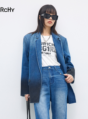 LARCHY来尔佳昵2025秋装翻领渐变牛仔西装