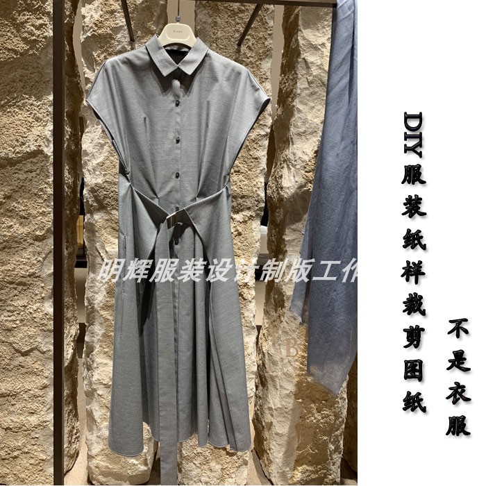 实物样板衣服图纸新款大摆无袖收腰连衣裙纸样-3044