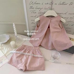 女童无袖套装夏季2025新款洋气夏装儿童背心宝宝压褶短裤两件套棉