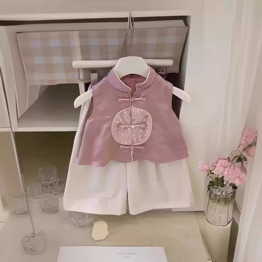 女童新中式国风套装2024夏季中小童盘扣刺绣唐装马甲阔腿裤两件套