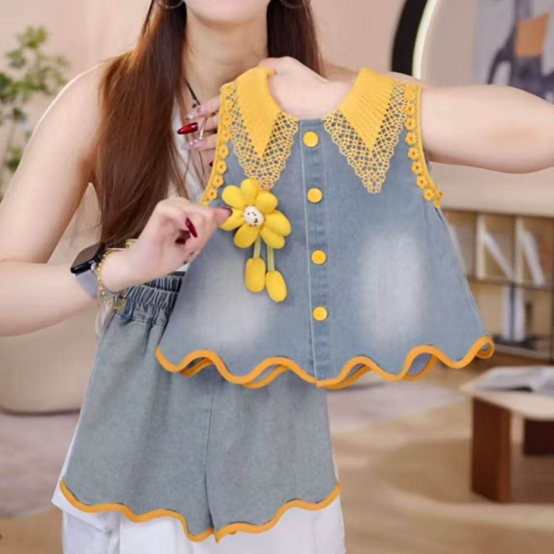 儿童装女童夏季牛仔套装2026新款女童韩系牛仔无袖上衣短裤两件套