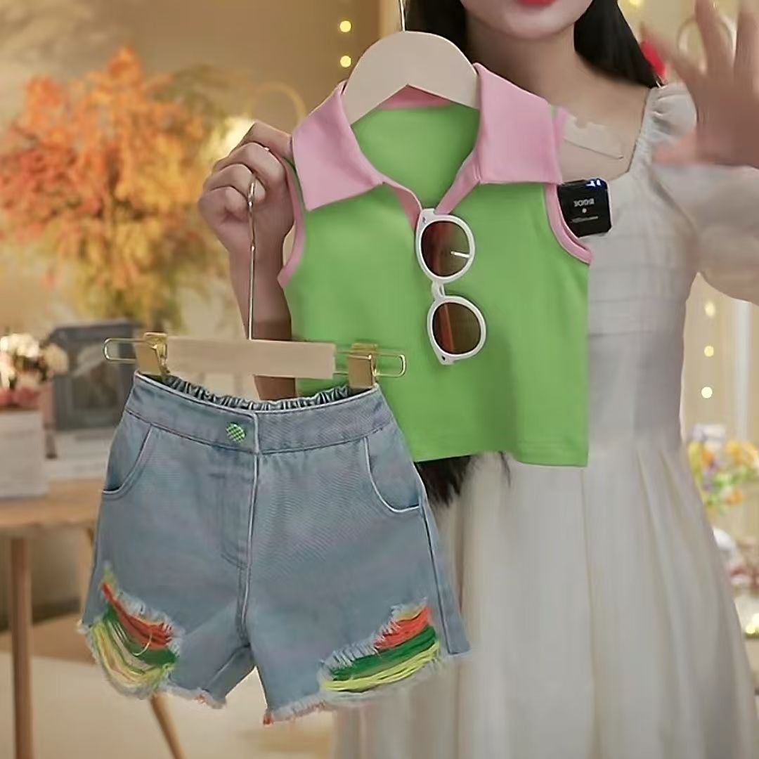 女童夏装套装2025新款洋气儿童网红女孩薄款无袖上衣彩色牛仔短裤