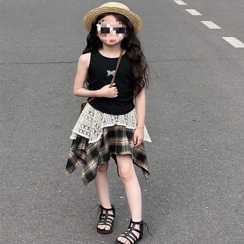 女童套装夏季新款女孩时髦外穿背心儿童韩版时尚格子裙