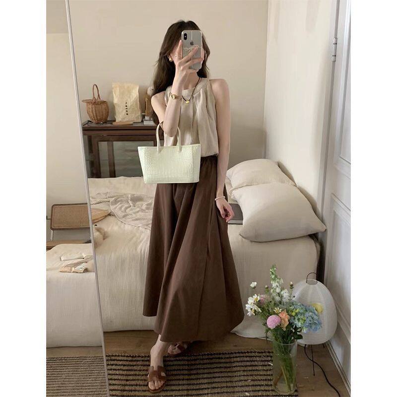 夏装穿搭穿搭一整套茶系小个子盐系轻熟连衣裙小香风套装女