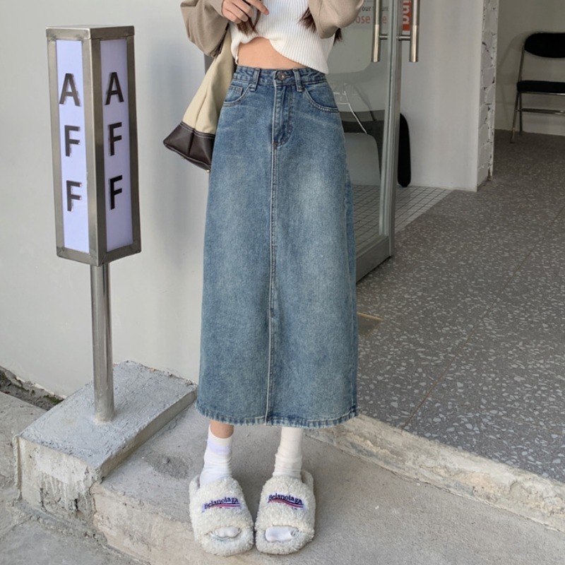 牛仔半身裙女夏季2025新款小个子长裙高腰显瘦开叉a字裙子春秋款