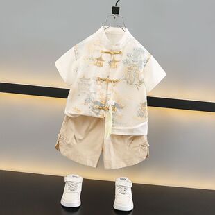 汉服男童新中式套装夏季国风儿童短袖唐装宝宝薄款古风衬衫演出服
