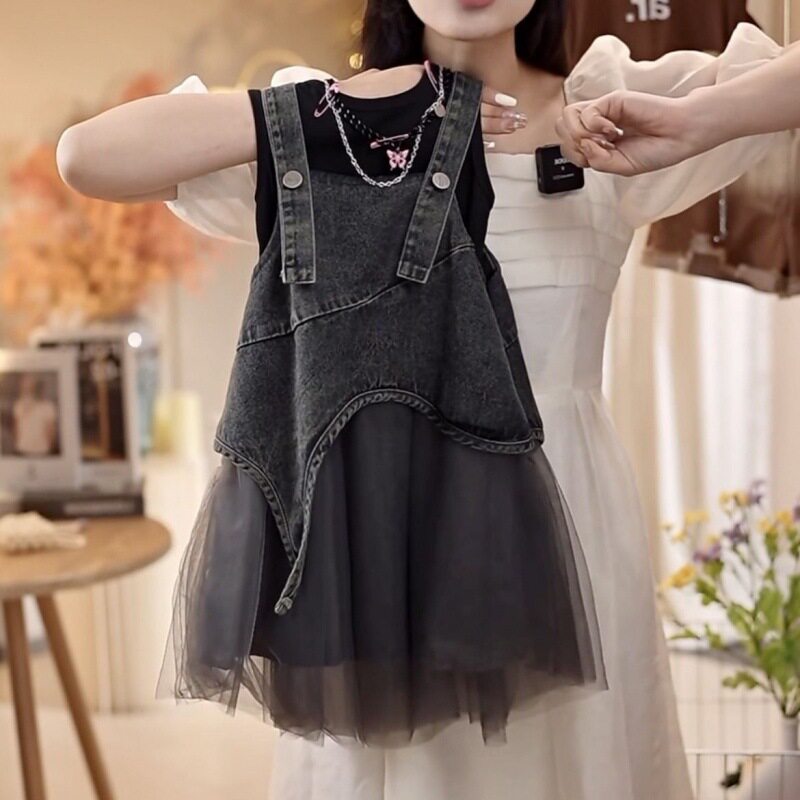 女童夏季新款两件套装韩系时尚爆款无袖背心洋气百搭牛仔吊带裙潮