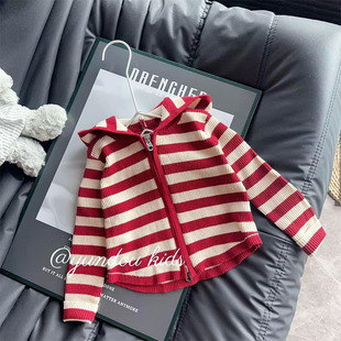 女童红色连帽外套秋季新款儿童针织拉链开衫洋气休闲百搭长袖上衣