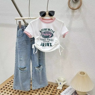 女童夏季套装短袖新款2024夏款儿童韩版洋气女宝夏装破洞牛仔裤潮
