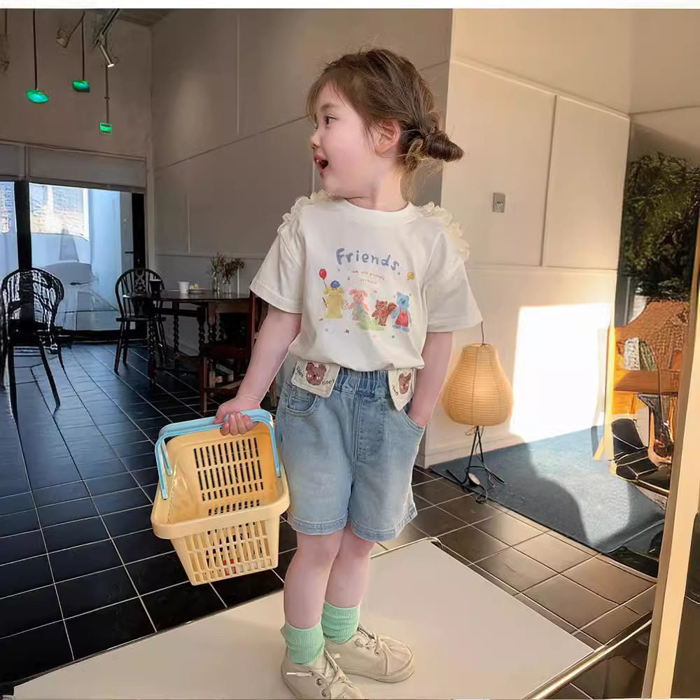 女童夏装套装2024新款洋气网红炸街女宝宝短袖T恤牛仔短裤二件套