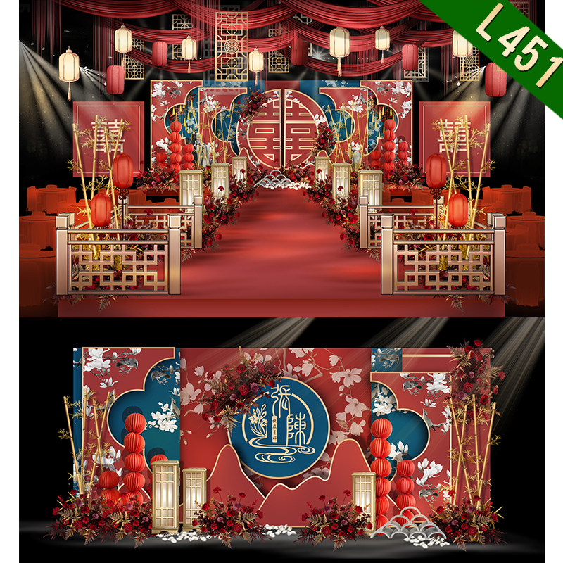 L451红金色新中式婚礼设计效果图婚礼舞台迎宾kt板制作源文件psd