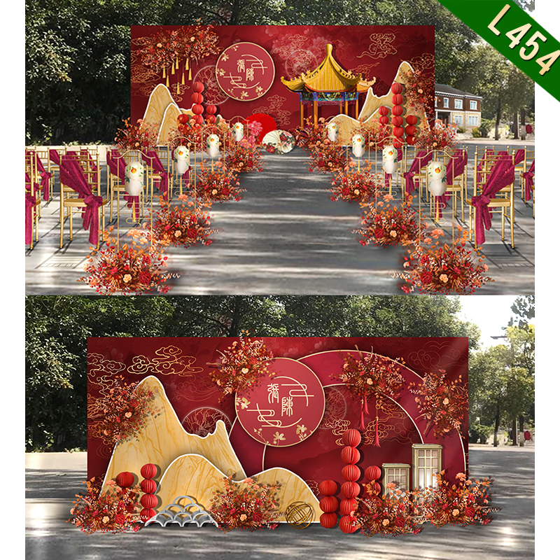 L454户外红色新中式中国风婚礼背景设计舞台迎宾区效果图素材PS