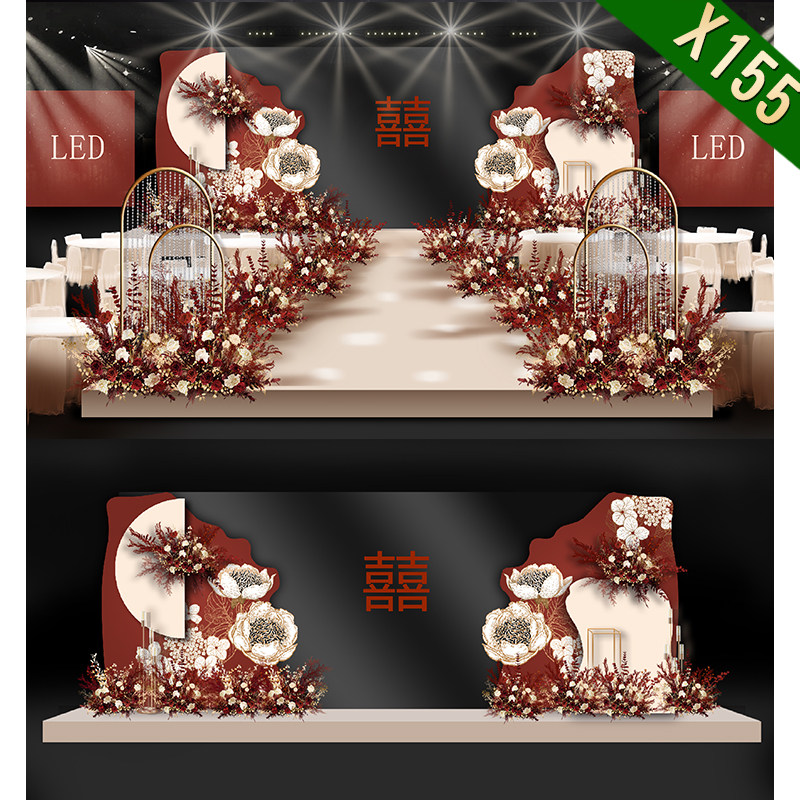 X155红色新中式LED大屏婚礼效果图香槟色小预算舞台背景psd模板