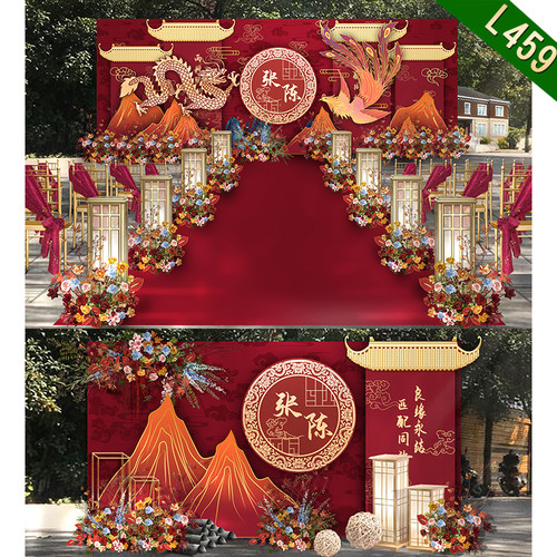 L459户外红色中式婚礼龙凤祥云素材舞台背景效果图喷绘制作PSD