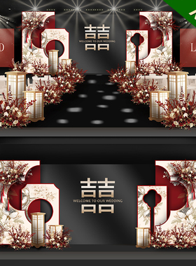 X169红色新中式大屏幕婚礼效果图香槟色LED小预算舞台背景psd素材
