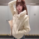 保暖加厚面包服外套 棉服女宽松短款 韩系甜美波点针织拼接长袖 冬季