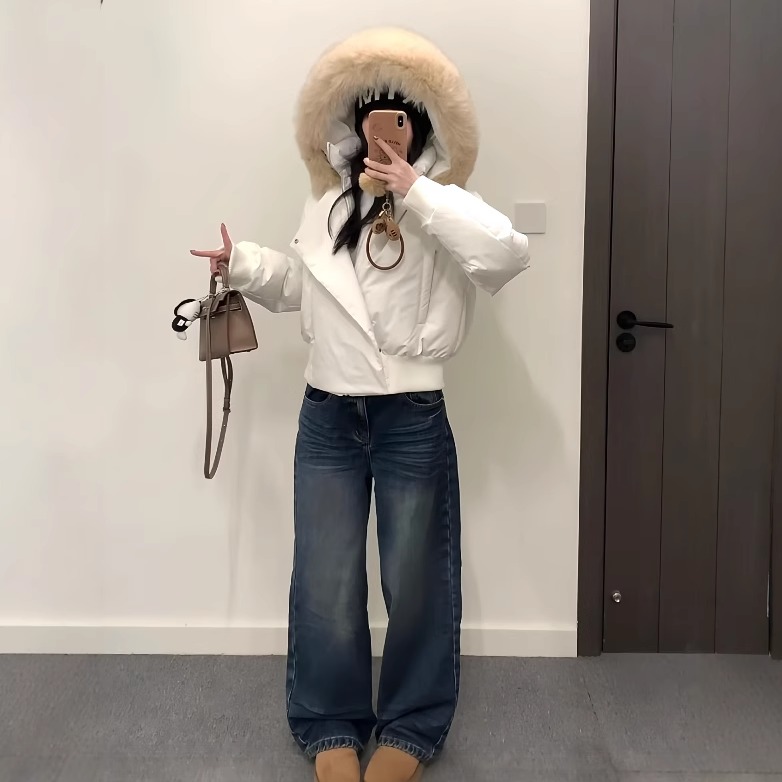 韩系设计感斜门襟2025冬季毛领派克服羽绒棉服女短款棉袄加厚外套