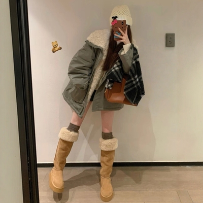 赵露思同款羊羔毛派克棉服女中长冬季新款加厚冲锋衣棉衣棉袄外套