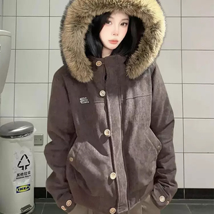 美式复古麂皮绒短款棉衣女2026新款大毛领棉服韩版保暖冬装外套潮