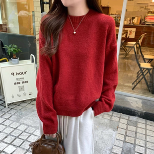 圣诞节波尔多红毛衣高级感软糯显白洋气复古小众圆领正红色针织衫