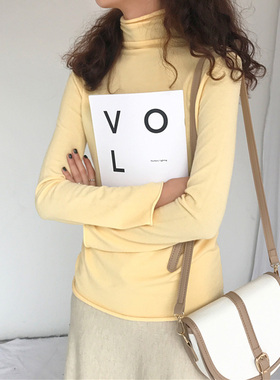 chic奶黄色毛衣女秋冬糖果兔绒弹力高领内搭打底针织衫鹅黄色上衣
