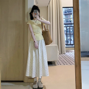 法式 杏色波点半身裙温柔小众别致垂感高腰a字裙小个子中长款 伞裙