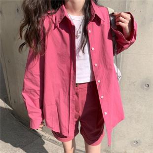 树莓色衬衫女慵懒风高级感小众垂感宽松polo领玫粉色衬衣梅子色潮