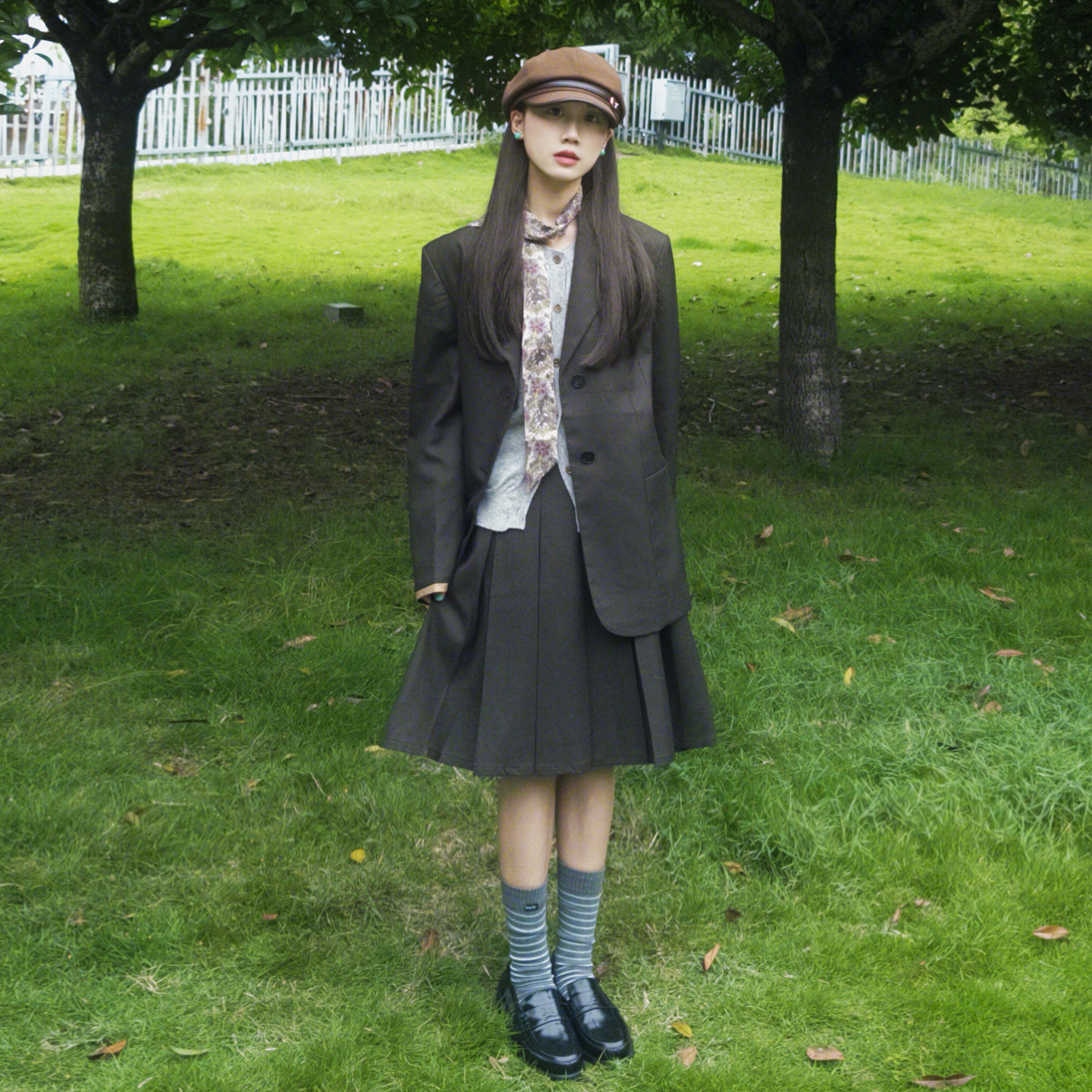 学院风百褶西装半身裙女设计感小众高腰显瘦A字裙早秋高级灰中裙