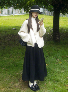 赫本风黑色毛呢半身裙韩系遮胯伞裙高腰a字裙加厚保暖中长款a字裙