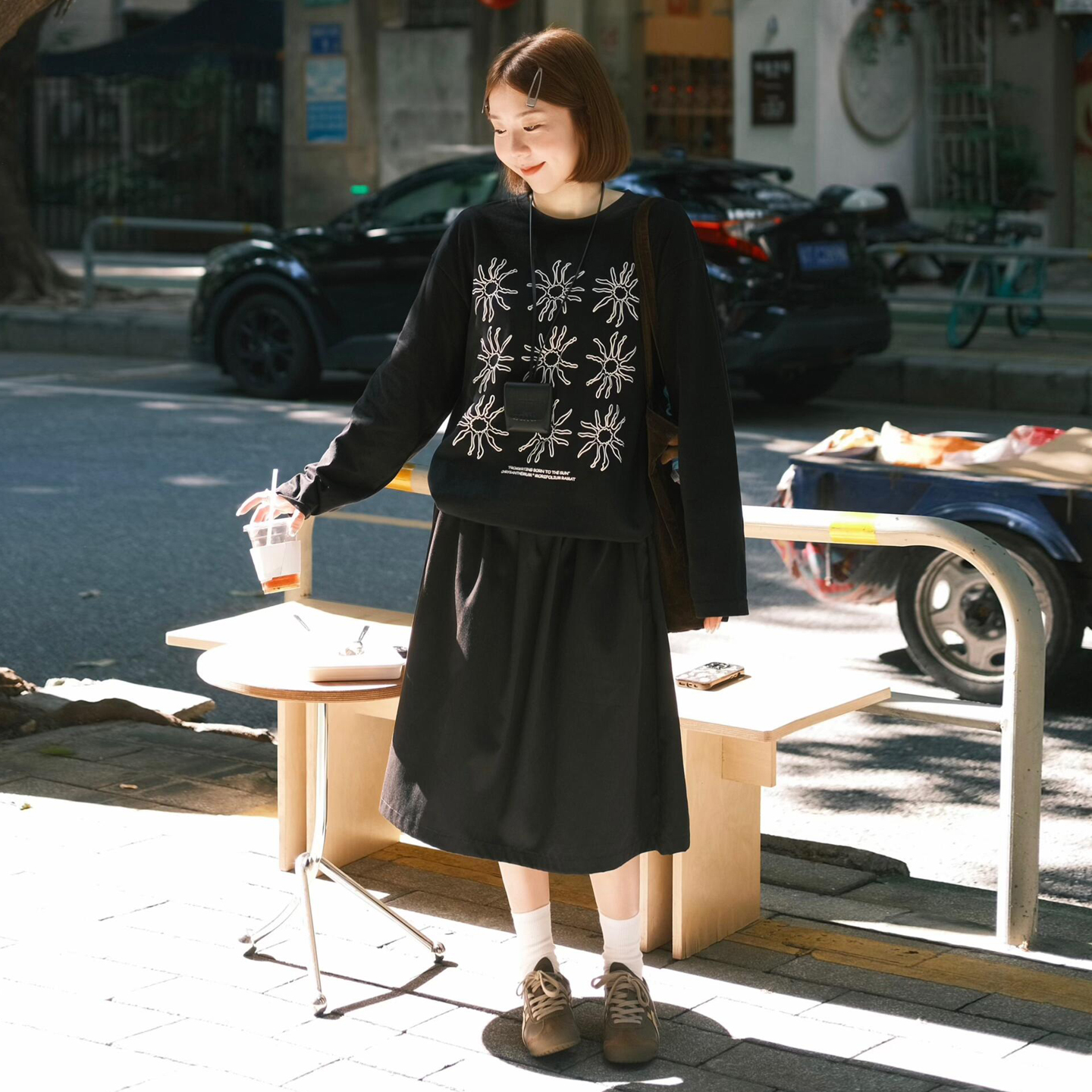 日杂风黑色工装裙秋季新款高腰a字裙显瘦中长款日系小个子半身裙