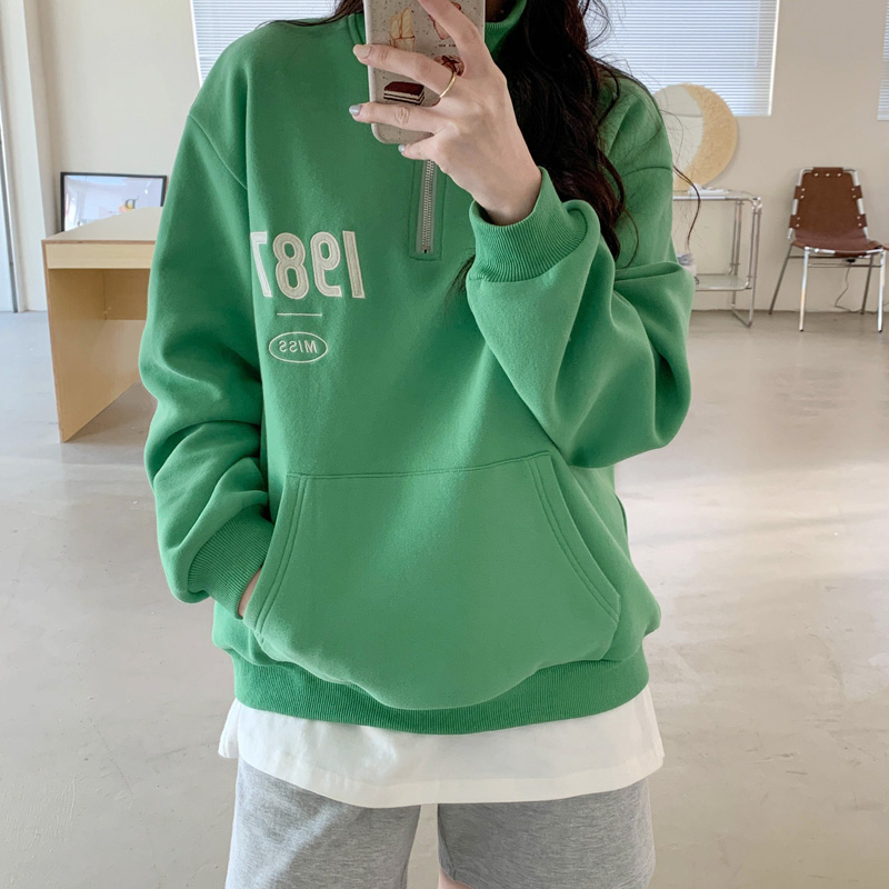 雀绿色卫衣加绒慵懒风ins字母刺绣半拉链牛油果绿上衣加厚外套潮