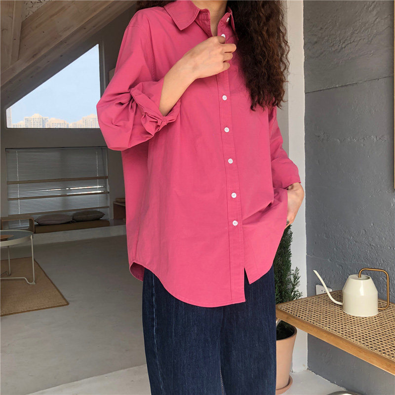 ins泫雅树莓色衬衫慵懒风宽松休闲玫粉色衬衣初春梅子色衬衫外套
