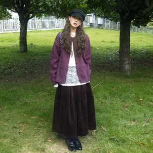 咖色灯芯绒半身裙日杂风复古文艺学生中长款A字裙设计感小众伞裙