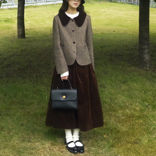 咖啡棕灯芯绒半身裙女日系复古文艺高腰大摆伞裙中长款 过膝A字裙