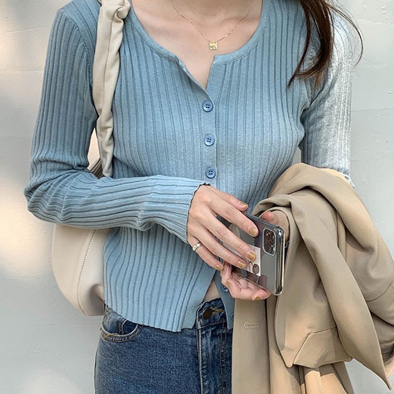奶蓝色少女chic风单排扣针织衫