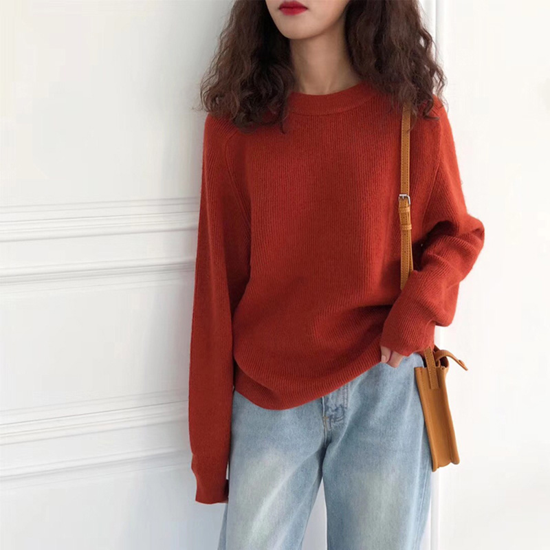 复古chic砖红色毛衣兔绒长袖上衣