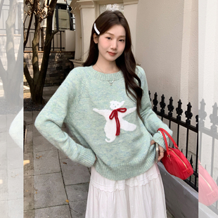 淡绿色毛衣日系小熊蝴蝶结 绑带针织衫上衣软糯秋冬保暖套头外套