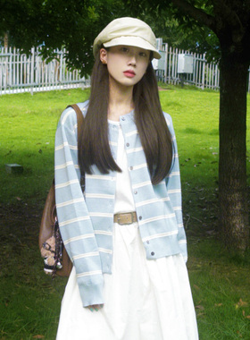 奶蓝色条纹拼色毛衣开衫韩系温柔风小个子软糯baby蓝针织衫外套女